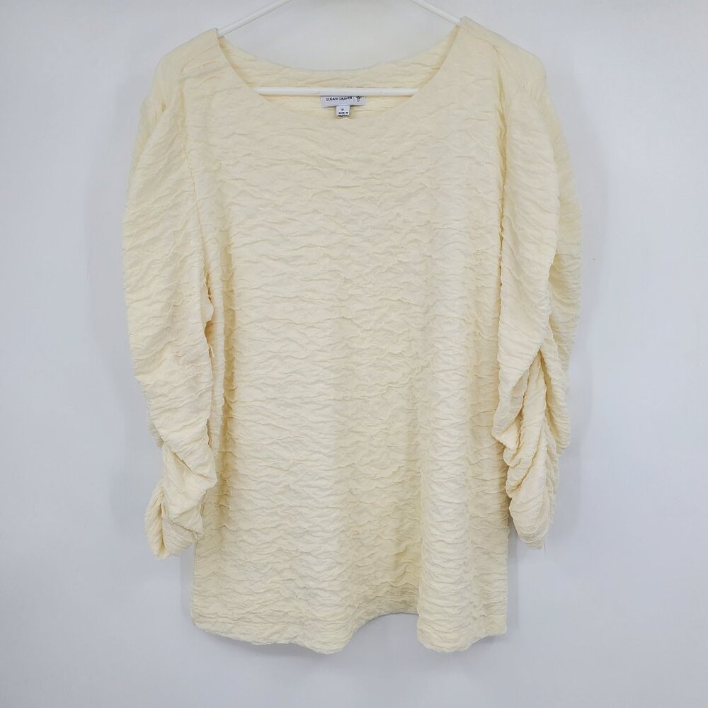 Susan Graver Women's White Crinkly 3/4 Gathered Sleeve Formal Shirt Top Size XL